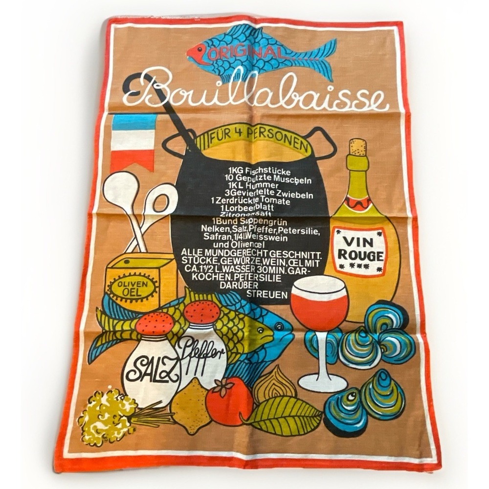 Vintage Bouillabaisse Recipe Tea Towel German Seafood Dish Kitchen Linen Retro